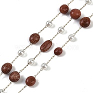 Ion Plating(IP) 304 Stainless Steel Paperclip Chains, with Natural Goldstone Beaded and ABS Plastic Pearl, Real 18K Gold Plated, 11x7x4x5mm, about 32.81 Feet(10m)/Roll(CHS-D037-01J)