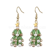 Glass Dangle Earrings, with Brass Earring Hooks and Shell Pearl Beads, Christmas Tree, Golden, 52x16mm(EJEW-TA00441)