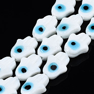 Handmade Evil Eye Lampwork Beads Strands, Hamsa Hand, White, 14x10x4mm, Hole: 1mm, about 28pcs/strand, 14.65~14.96 inch(37.2~38cm)(LAMP-WH0006-06G)