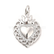 Rack Plating Brass Micro Pave Cubic Zirconia Pendants, Sacred Heart Charm, Mexican Milagro Flaming Holy Heart Pendant, Long-Lasting Plated, with Jump Rings, Cadmium Free & Lead Free, Real Platinum Plated, 23x16x2.5mm, Hole: 3mm(KK-K270-16P)