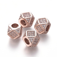 Brass Micro Pave Cubic Zirconia Beads, Polygon, Clear, Real Rose Gold Plated, 6.5~7x6.5~7x6.5~7mm, Hole: 3mm, Diagonal Length: 9mm(ZIRC-L088-01B-RG)