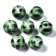 Painted Natural Wood European Beads, Large Hole Beads, Printed, Christmas, Round with Reindeer, Green, 16x15mm, Hole: 4mm(WOOD-S057-036B)