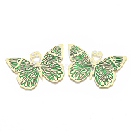Brass Enamel Big Pendants, Etched Metal Embellishments, Matte Gold Color, Butterfly, Medium Sea Green, 31.5x50x0.3mm, Hole: 1.2mm(KK-N223-04B)