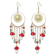 Golden 304 Stainless Steel Sun Chandelier Earrings, Lampwork Mushroom & Glass Nuggets Drop Earrings, Dark Red, 116~120x37~40mm(EJEW-JE05674-02)