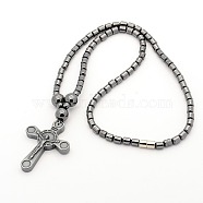 Trendy Men's Non-Magnetic Synthetic Hematite Beaded Necklaces, Magnetic Crucifix Cross Pendant Necklaces for Easter, with Brass Magnetic Clasps, Black, 17.5 inch(NJEW-M002-08)