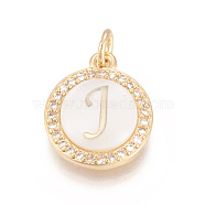 Brass Micro Pave Cubic Zirconia Pendants, with Shell, Long-Lasting Plated, Lead Free & Cadmium Free & Nickel Free, Real 18K Gold Plated, Flat Round with Letter, Clear, Letter.J, 16x13.5x3mm, Hole: 3mm(ZIRC-L078-043J-NR)