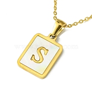 Ion Plating(IP) Rectangle with Initial Letter 304 Stainless Steel Pendant Necklace, white Shell, Real 18K Gold Plated, Letter S, 16.06 inch(40.8cm)(X-NJEW-R265-04G-S)