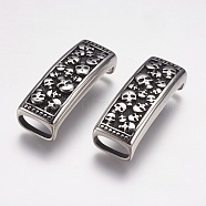 304 Stainless Steel Slide Charms, Rectangle witih Skull, Antique Silver, 39x15x13mm, Hole: 7x12mm(STAS-K171-44AS)
