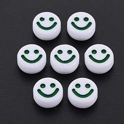 Opaque Acrylic Beads, with Enamel, Flat Round with Smile Face, Dark Green, 10x5mm, Hole: 2mm, about 1450pcs/500g(MACR-N008-55-C01)