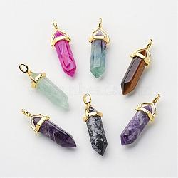 Natural Mixed Stone Pointed Pendants, with Random Alloy Pendant Hexagon Bead Cap Bails, Golden, Bullet, 37~40x12.5x10mm, Hole: 3x4.5mm(G-G902-A)