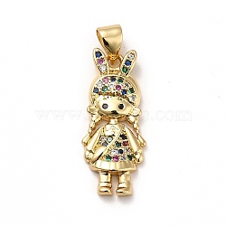 Brass Micro Pave Cubic Zirconia Pendants, Real 18K Gold Plated, Girl Charm with Rabbit Hat, Colorful, 23x10x3mm, Hole: 3.5x4mm(KK-H433-14B-G)