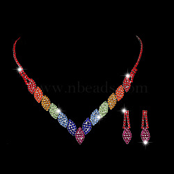 Horse Eye Alloy Rhinestone Chain Necklaces & Stud Dangle Earrings Sets, Colorful, 450mm(FS-WG777BF-01)