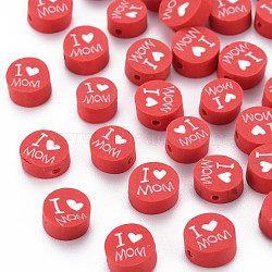 Handmade Polymer Clay Beads, Mother's Day Theme, Flat Round with Word I Love MOM, Red, 8~9.5x3.5~4.5mm, Hole: 1.5mm(X1-CLAY-T019-11B)