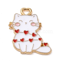 Alloy Enamel Pendants, Cat with Heart Charm, Golden, White, 20x17x1.2mm, Hole: 2x1.8mm(ENAM-Q507-13A)