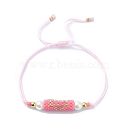 Glass Pearl & Seed Column with Heart Link Bracelet, Adjustable Bracelet for Women, Pearl Pink, Inner Diameter: 3/8~3-1/4 inch(1~8.3cm)(BJEW-MZ00028-01)