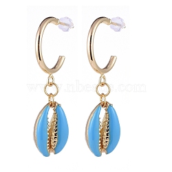 Brass Dangle Stud Earrings, with Alloy Enamel Beads and Plastic Ear Nuts, Cowrie Shell Shape, Light Sky Blue, 45~46mm, Pin: 0.8mm(EJEW-JE04111-05)