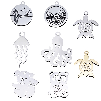 201 Stainless Steel Pendants, Mixed Shapes, Mixed Color, 16~22x7~19x1mm, Hole: 1.5mm, 8pcs/set