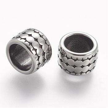 304 Stainless Steel Beads, Column, Large Hole Beads, Antique Silver, 12x8mm, Hole: 8mm