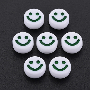 Opaque Acrylic Beads, with Enamel, Flat Round with Smile Face, Dark Green, 10x5mm, Hole: 2mm, about 1450pcs/500g