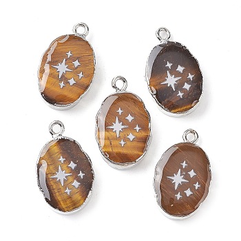 Natural Tiger Eye Oval Pendants, Platinum Plated Brass Oval Charms with Star, 22~22.5x13~13.5x4.5mm, Hole: 1.6~1.8mm