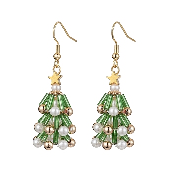 Glass Dangle Earrings, with Brass Earring Hooks and Shell Pearl Beads, Christmas Tree, Golden, 52x16mm