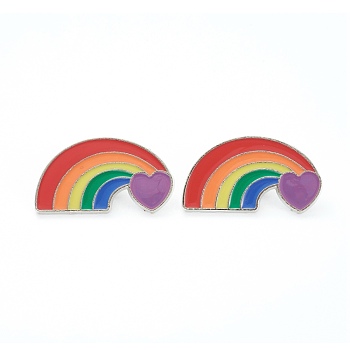 Alloy Pride Enamel Brooches, Enamel Pin, with Butterfly Clutches, Rainbow with Heart, Platinum, Colorful, 19.5x35.5x10mm
