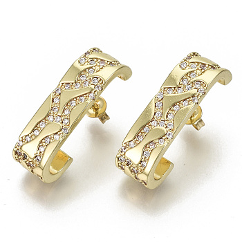 Brass Micro Pave Cubic Zirconia Stud Earrings, with Ear Nuts, Nickel Free, Rectangle, Clear, Real 18K Gold Plated, 26x7.5mm, Pin: 0.7mm