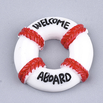 Resin Cabochons, Life Ring/Lifebuoy/Cork Hoop with Welcome Aboard, White, 24.5x25x5.5mm