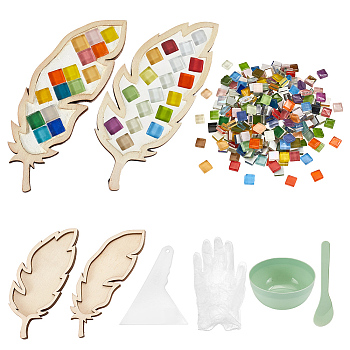 DIY Mosaic Making Kits, inclduing Square Glass  Mosaic Tiles, Wood Feather Sheet Templates, Facial Beauty Mask Bowl Kit, Disposable PVC Safety Gloves, Mixed Color, 10x10x3.5mm