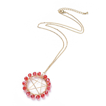 Pendant Necklaces, with Golden Plated Brass Cable Chain & Linking Rings, Glass Beads, Copper Wire and Cardboard Boxes, Red, 17.52 inch(44.5cm)