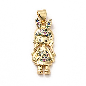 Brass Micro Pave Cubic Zirconia Pendants, Real 18K Gold Plated, Girl Charm with Rabbit Hat, Colorful, 23x10x3mm, Hole: 3.5x4mm