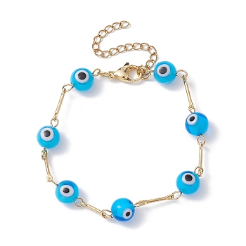 Lampwork Evil Eye Link Chain Bracelets, with Golden Brass Bar Link Chains, Deep Sky Blue, 7 inch(17.8cm)
