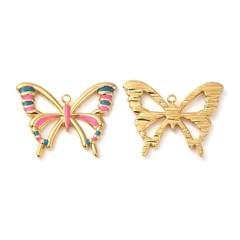 304 Stainless Steel Enamel Pendants, Real 18K Gold Plated, Hollow Butterfly Charm, Hot Pink, 20x25.5x2mm, Hole: 1.5mm