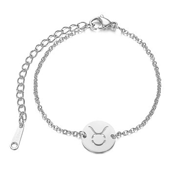 201 Stainless Steel Link Bracelets, with Cable Chains and Lobster Claw Clasps, Flat Round with Constellation, Taurus, 6 inch~6-3/4 inch(15~17.5cm), 1.5mm