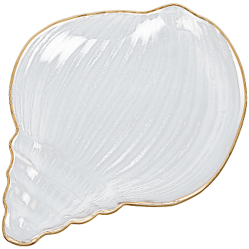 SUNNYCLUE 1Pc Ocean Series Transparent Gold Rim Glass Jewelry Plates, Multi-Use Dinnerware, Conch, 218x152x31mm