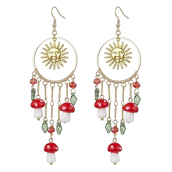 Golden 304 Stainless Steel Sun Chandelier Earrings, Lampwork Mushroom & Glass Nuggets Drop Earrings, Dark Red, 116~120x37~40mm