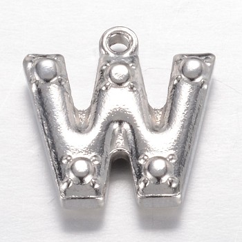 201 Stainless Steel Charms, Letter W, Stainless Steel Color, 15.2x15x3mm, Hole: 1.2mm