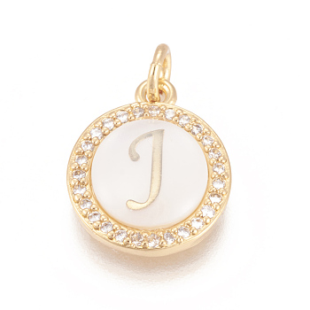 Brass Micro Pave Cubic Zirconia Pendants, with Shell, Long-Lasting Plated, Lead Free & Cadmium Free & Nickel Free, Real 18K Gold Plated, Flat Round with Letter, Clear, Letter.J, 16x13.5x3mm, Hole: 3mm
