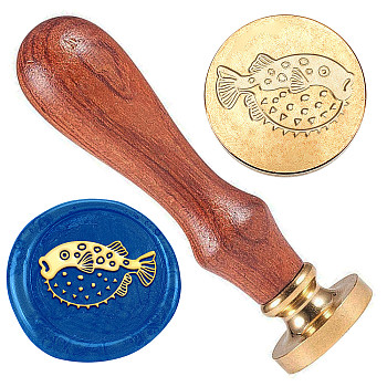 Wax Seal Stamp Set, Golden Tone Brass Sealing Wax Stamp Head, with Wood Handle, for Envelopes Invitations, Gift Card, Fish, 83x22mm, Stamps: 25x14.5mm