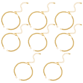 8Pcs Half Finished Brass Round Beaded Bracelets, with Lobster Claw Clasps, Chain Extender, Jump Rings, for Connector Bracelets Making, Golden, 6-1/8 inch(15.5cm)
