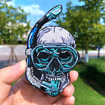 Skull Theme Computerized Embroidery Cloth Iron on/Sew on Patches, Costume Accessories, Medium Turquoise, 95x55mm