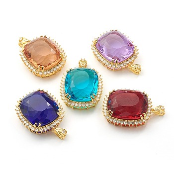 Transparent Faceted Glass Pendants, with Brass Micro Pave Clear Cubic Zirconia Findings, Rectangle, Golden, Mixed Color, 47.5x39.5x19mm, Hole: 8.5x4mm