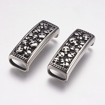304 Stainless Steel Slide Charms, Rectangle witih Skull, Antique Silver, 39x15x13mm, Hole: 7x12mm