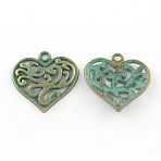 Zinc Alloy Pendants, Cadmium Free & Nickel Free & Lead Free, Heart, Antique Bronze & Green Patina, 21x21x3mm, Hole: 2mm(X-PALLOY-R065-054-FF)