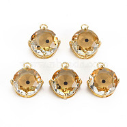 Transparent Glass Pendants, with Brass Prong Settings, Faceted, Flat Round with Eye, Light Gold, Goldenrod, 17x14x7.5mm, Hole: 2mm(GLAA-S193-001A)