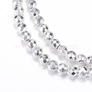Electroplate Non-magnetic Synthetic Hematite Bead Strands, Round, Faceted, Silver Plated, 4mm, Hole: 1mm, about 98~102pcs/strand, 15.7 inch(G-Q465-16S)