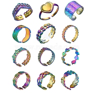 Adjustable 304 Stainless Steel Cuff Ring, Open Rings for Women, Mixed Shapes, Rainbow Color, US Size 5~10 (15.9~19.5mm)(RJEW-MSMC002-13)