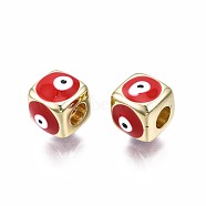 Brass European Beads, with Enamel, Large Hole Beads, Real 18K Gold Plated, Nickel Free, Cube with Evil Eye, Red, 9x10x10mm, Hole: 4mm(KK-S362-044D-NF)