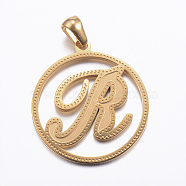 Ion Plating(IP) 304 Stainless Steel Pendants, Flat Round with Letter, Golden, Letter.R, 28x25x1.2mm, Hole: 6x3.5mm(STAS-K162-071G)