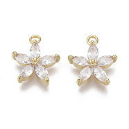 Brass Micro Pave Cubic Zirconia Charms, Nickel Free, Real 18K Gold Plated, Flower, Clear, 14x12x3mm, Hole: 1.5mm(KK-R132-009-NF)